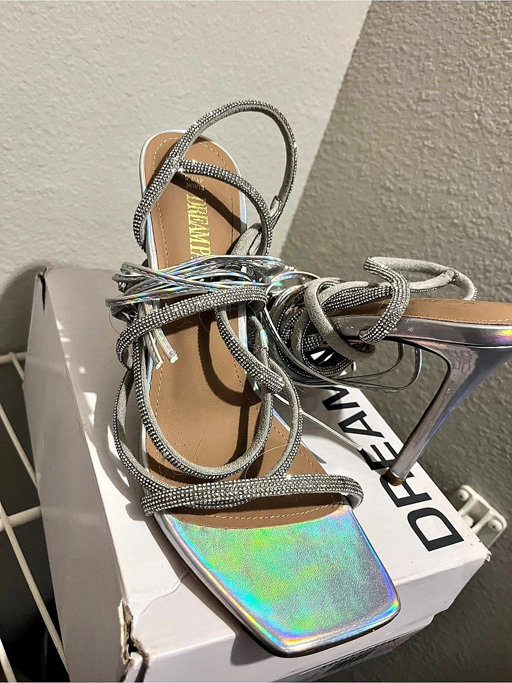 Dream Pairs Rhinestone Strappy Stiletto Heels Silver US 9.5